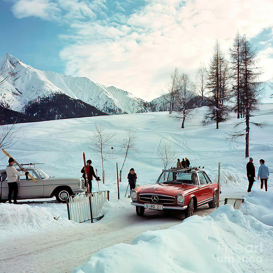 1966 Mercedes Benz 230sl With Skiers Mountain Setting Photograph by Retrographs