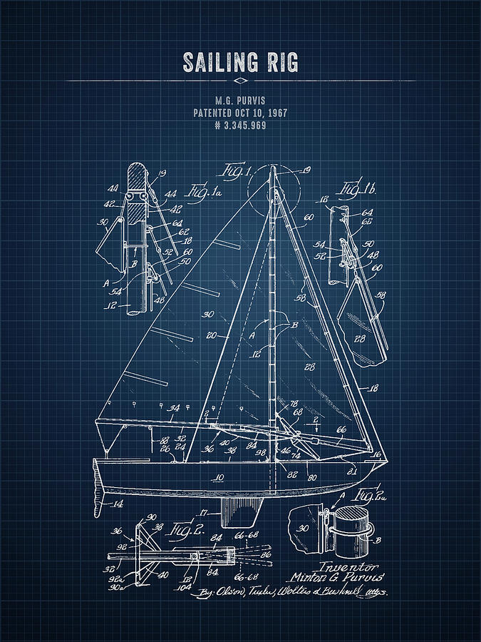 Fishing Net Navy Blue Patent Blueprint Canvas Print Wall Art by Aged Pixel