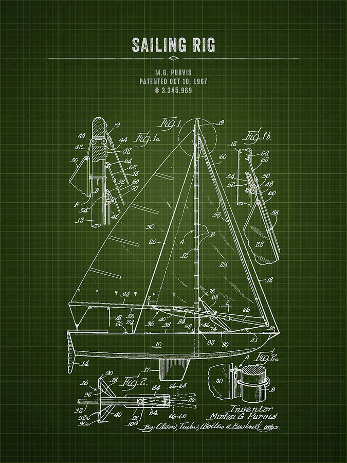1967 Sailing Rig - Dark Green Blueprint Digital Art