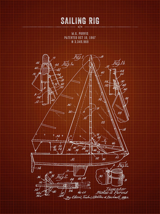 1967 Sailing Rig - Dark Red Blueprint Digital Art by Aged Pixel | Pixels