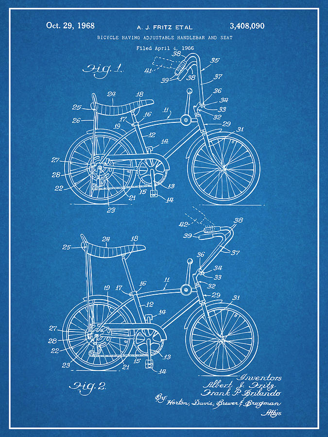 1968 Stingray Bicycle Blueprint Patent Print Drawing by Greg Edwards