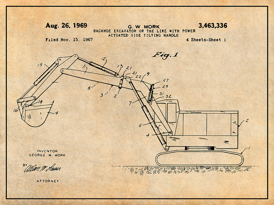 1969 Backhoe Excavator Patent Print Antique Paper Drawing by Greg Edwards