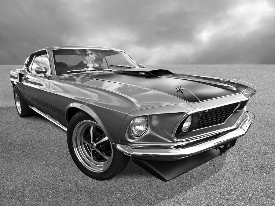 1969 Mach 1 Mustang Black And White Photograph by Gill Billington