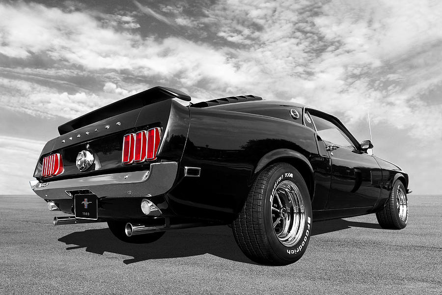 1969 Mustang Rear Low Angle Black And White Photograph by Gill Billington
