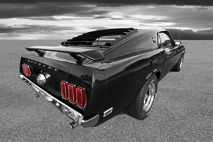 1969 Mustang Rear View Black And White Photograph by Gill Billington