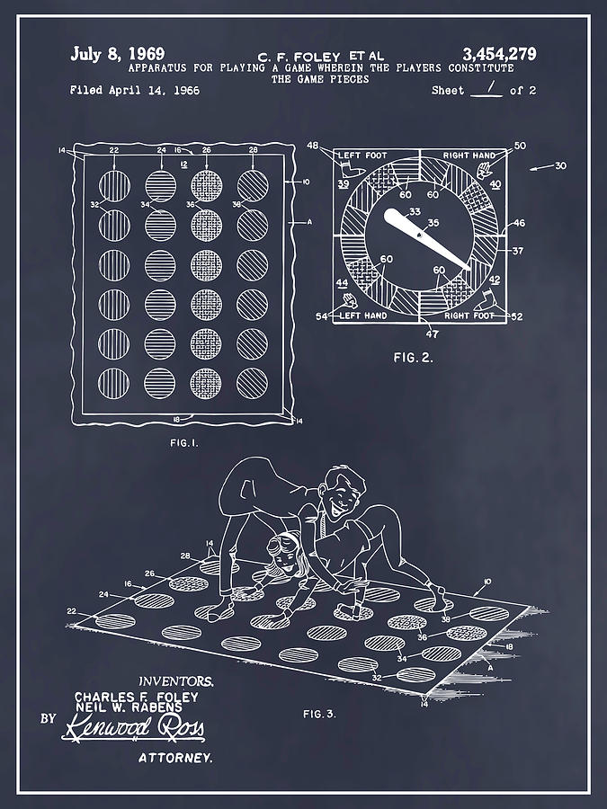 1969 Twister Game Blackboard Patent Print Drawing by Greg Edwards