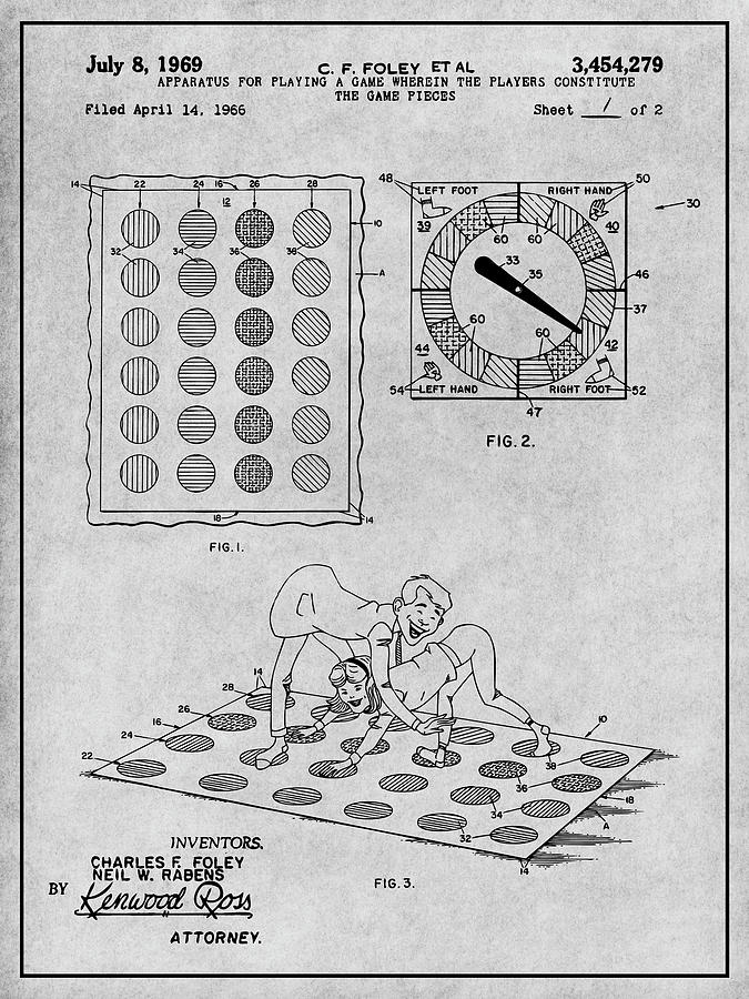 1969 Twister Game Gray Patent Print Drawing by Greg Edwards