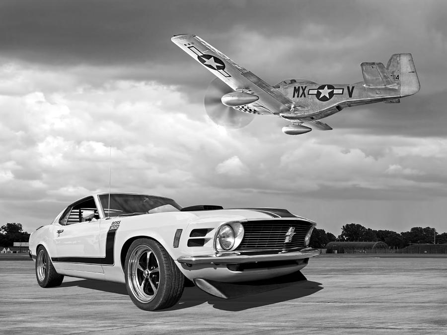 Ford Mustang Photograph - 1970 Boss 302 Mustang With P-51 Black And White by Gill Billington