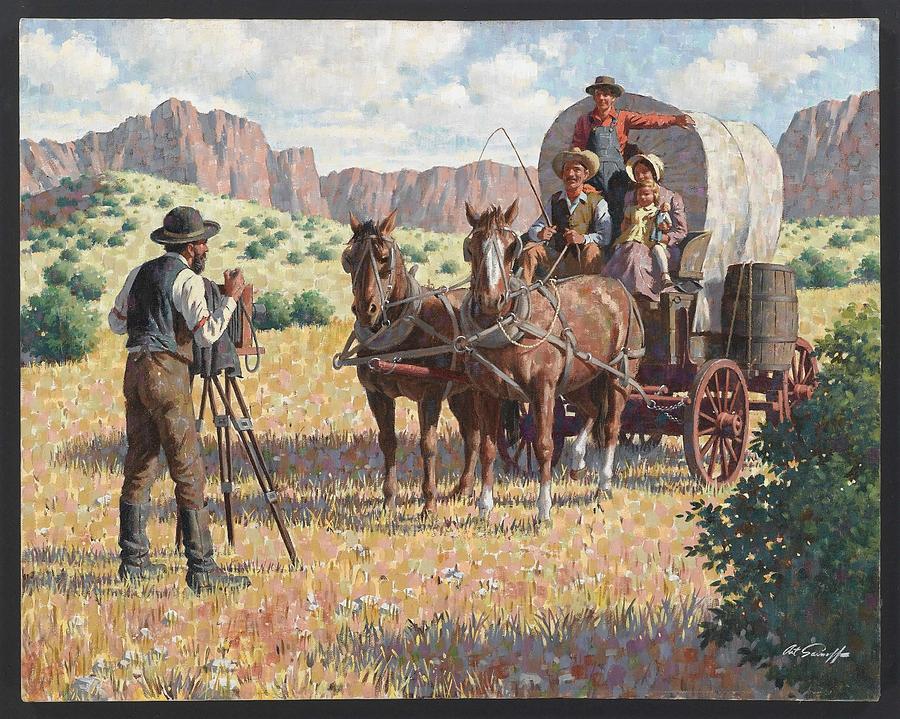 1970 Family Portrait Oil By Arthur Sarnoff Stagecoach Old West 