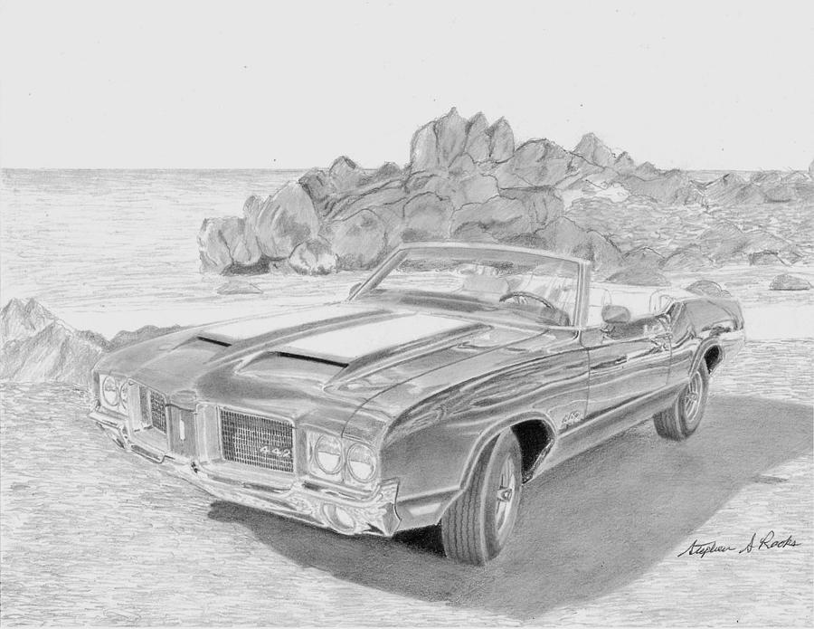 Miscellaneous Drawing - 1971 Oldsmobile 442 Convertible MUSCLE CAR ART PRINT by Stephen Rooks