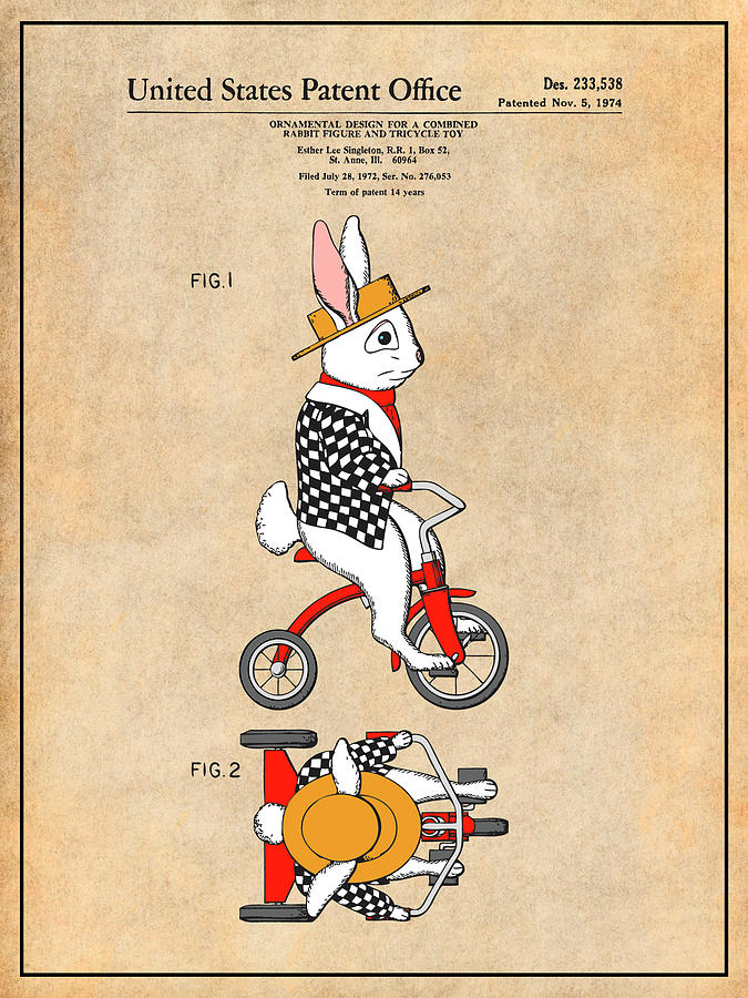 1972 Rabbit On Tricycle Colorized Patent Print Antique Paper Drawing by Greg Edwards