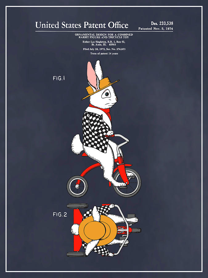 1972 Rabbit On Tricycle Colorized Patent Print Blackboard Drawing by Greg Edwards