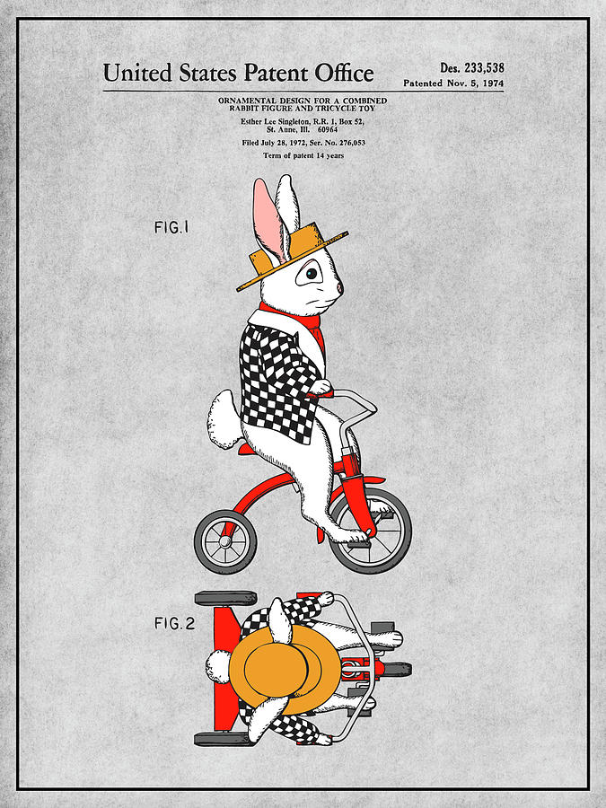 1972 Rabbit On Tricycle Colorized Patent Print Gray Drawing by Greg Edwards