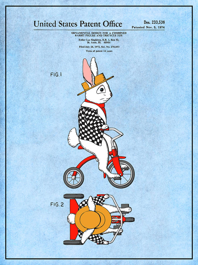 1972 Rabbit On Tricycle Colorized Patent Print Light Blue Drawing by Greg Edwards