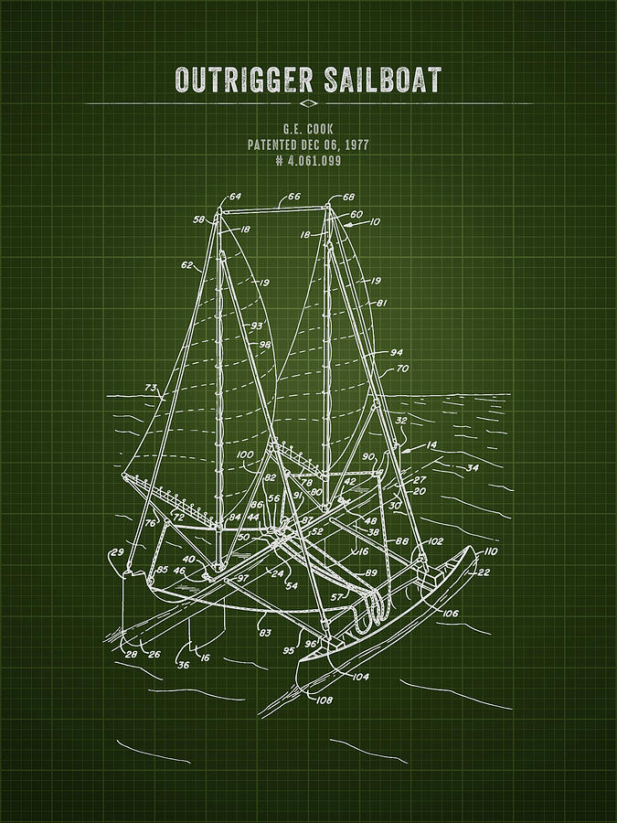 1977 Outrigger Sailboat - Dark Green Blueprint Digital Art