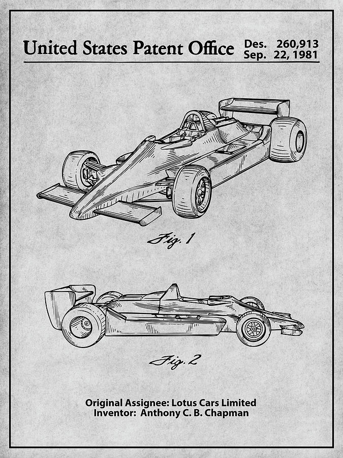 1981 Lotus Formula One Race Car Gray Patent Print Drawing by Greg Edwards