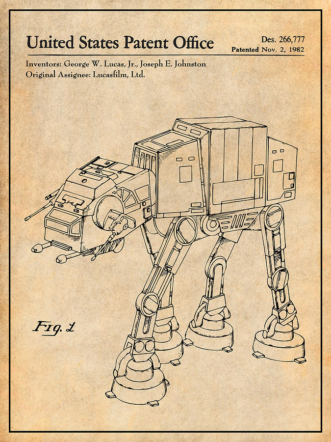 1982 Star Wars AT-AT Imperial Walker Antique Paper Patent Print Drawing by Greg Edwards