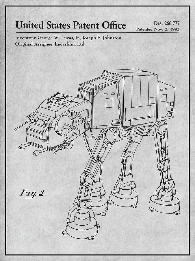 1982 Star Wars AT-AT Imperial Walker Gray Patent Print Drawing by Greg Edwards