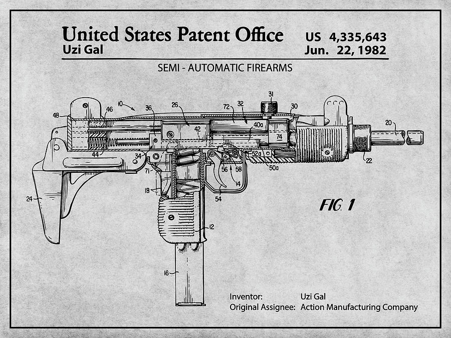 1982 Uzi Submachine Gun Gray Patent Print Drawing by Greg Edwards Pixels