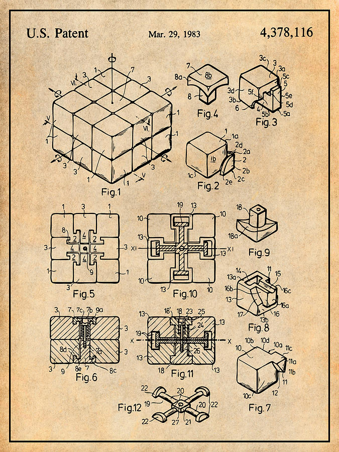 1983 Rubiks Cube Puzzle Antique Paper Patent Print Drawing by Greg Edwards