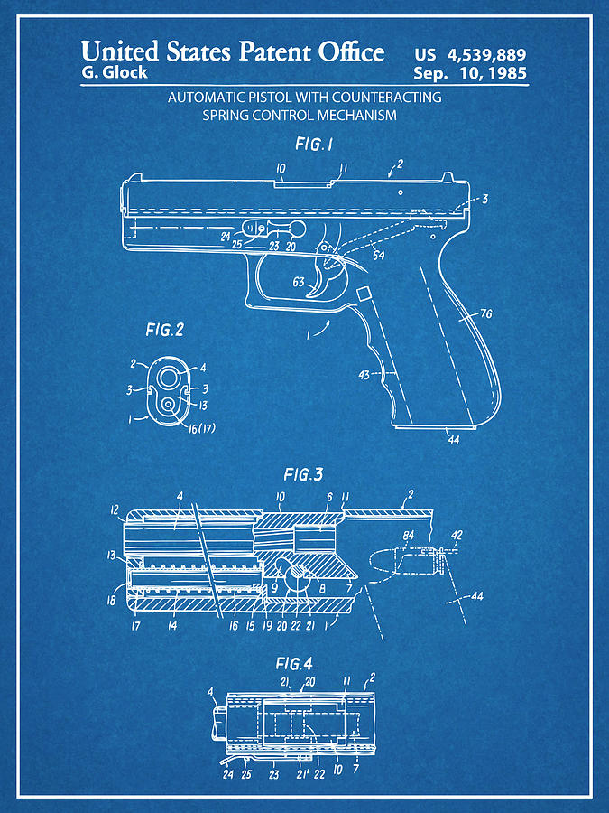 1985 Glock Automatic Pistol Blueprint Patent Print Drawing by Greg Edwards