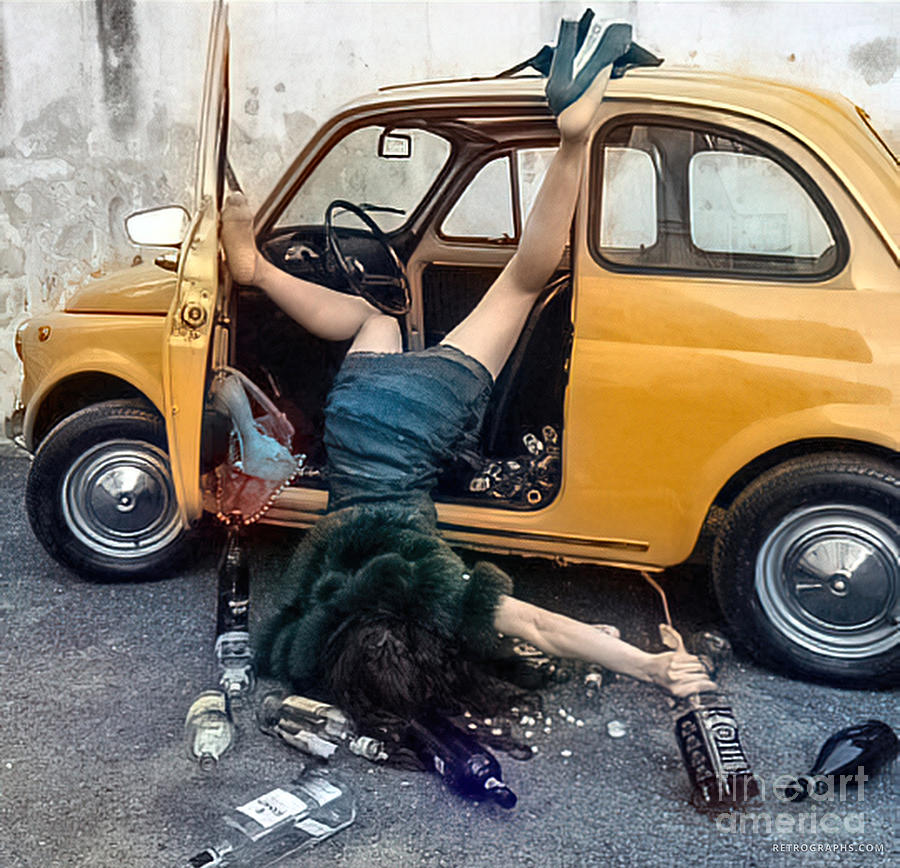 1990s Drunk Woman Falling Out Of Car Photograph by Retrographs