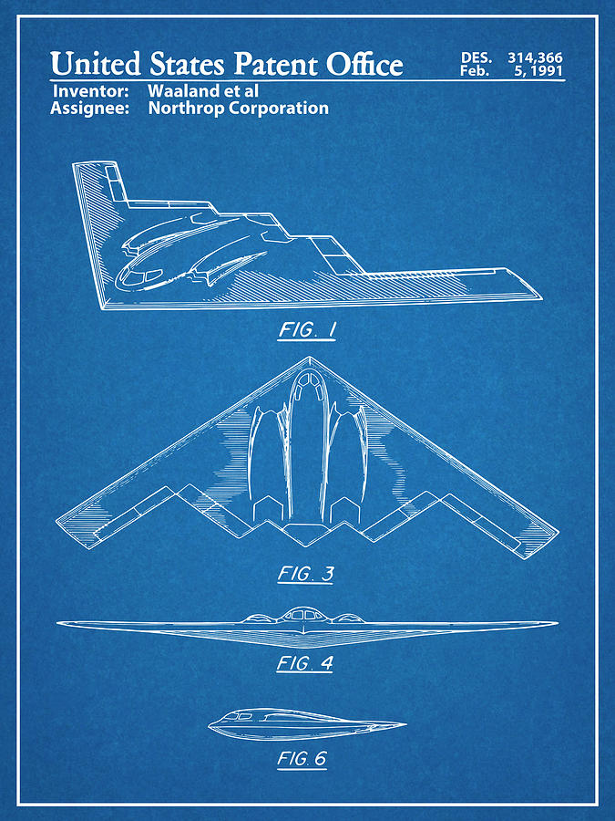 1991 Northrop B-2 Spirit Stealth Bomber Patent Print Blueprint Drawing by Greg Edwards