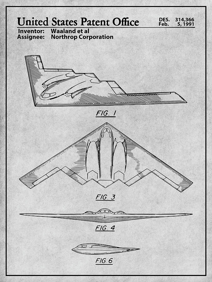 1991 Northrop B-2 Spirit Stealth Bomber Patent Print Gray Drawing by Greg Edwards