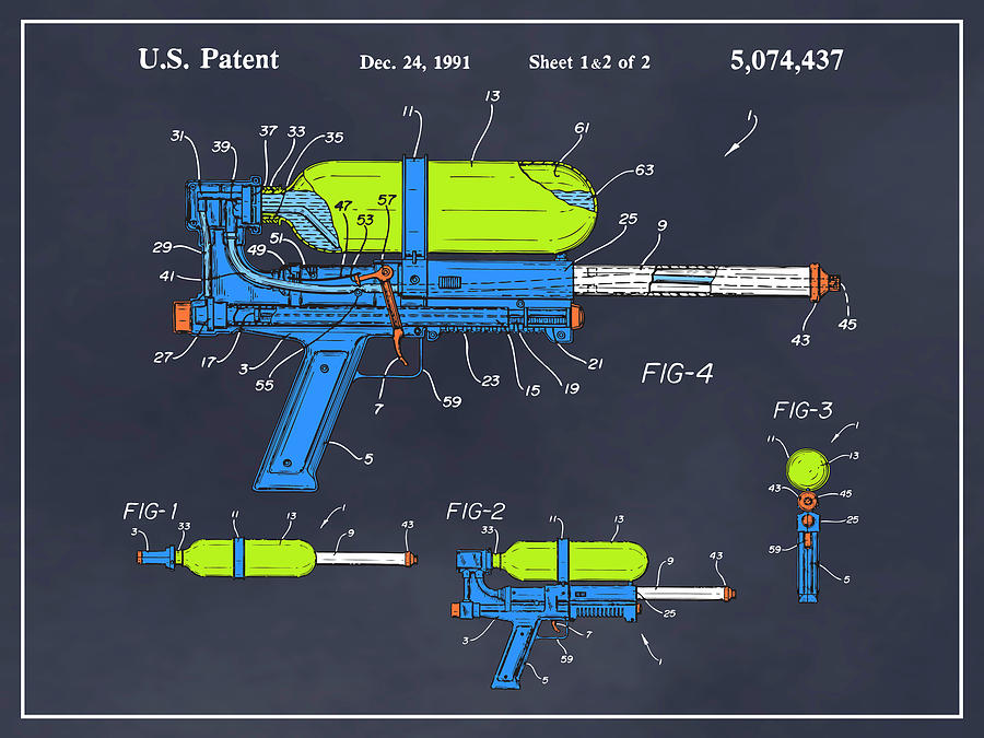 1991 Super Soaker Toy Water Gun Colorized Patent Print Blackboard Drawing by Greg Edwards