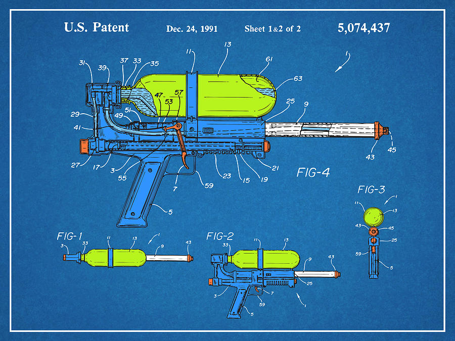1991 Super Soaker Toy Water Gun Colorized Patent Print Blueprint Drawing by Greg Edwards