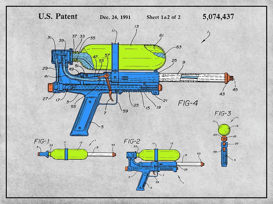 1991 Super Soaker Toy Water Gun Colorized Patent Print Gray Drawing by Greg Edwards