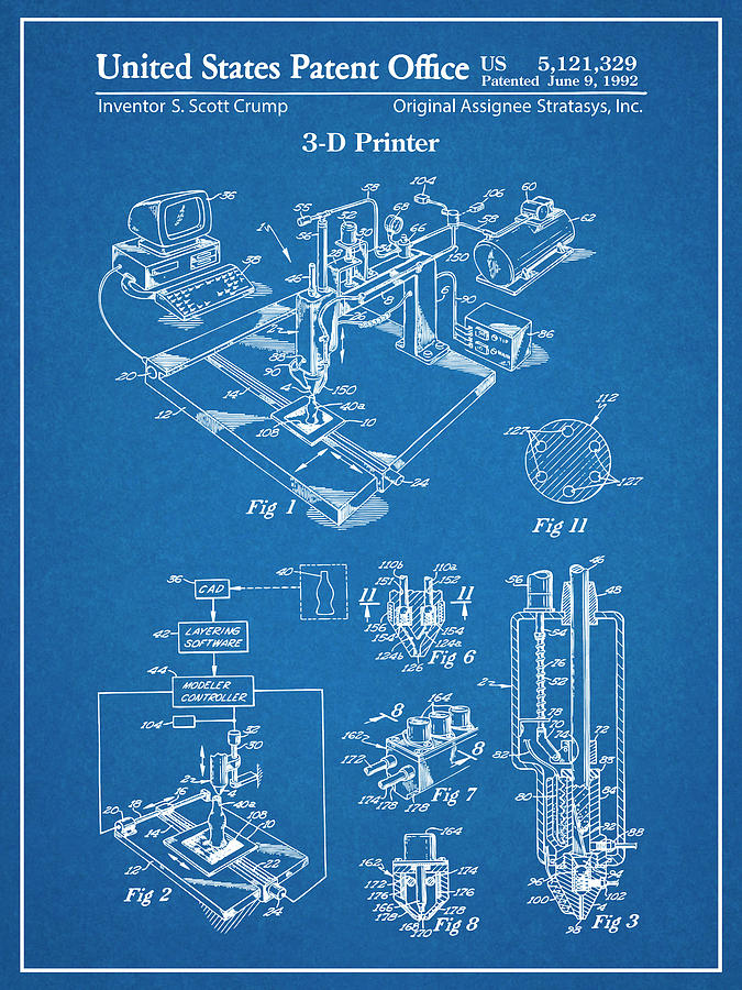 1992 3D Printer Patent Print Blueprint Drawing by Greg Edwards