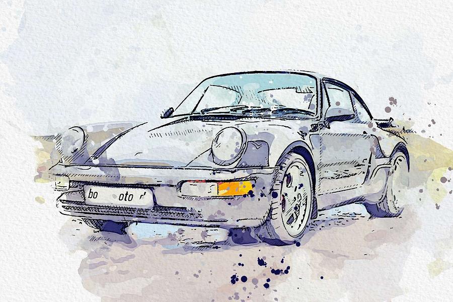 1993 Porsche 911 964 Turbo Watercolor By Ahmet Asar Painting By Celestial Images