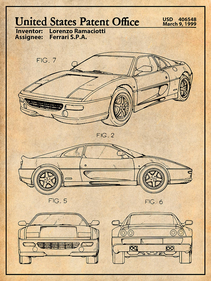 1999 Ferrari 360 Modena Antique Paper Patent Print Drawing by Greg Edwards