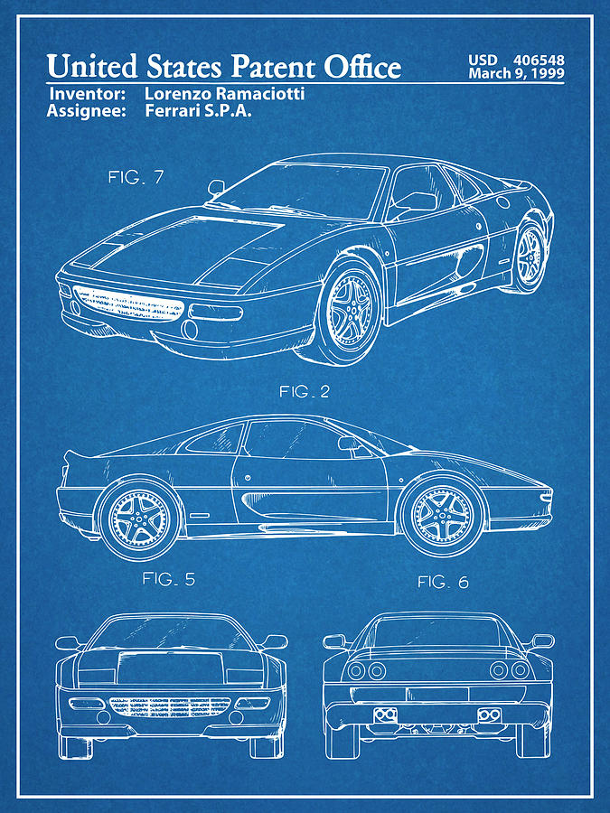 1999 Ferrari 360 Modena Blueprint Patent Print Drawing by Greg Edwards