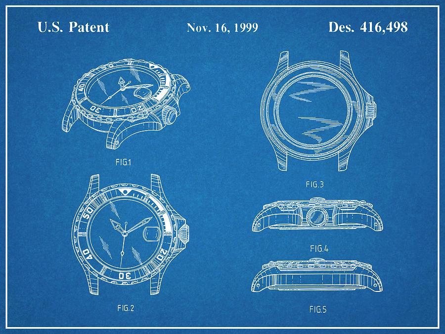 Art & Collectibles Drawing - 1999 Rolex Diving Watch Patent Print Blueprint by Greg Edwards