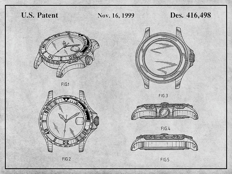 Art & Collectibles Drawing - 1999 Rolex Diving Watch Patent Print Gray by Greg Edwards