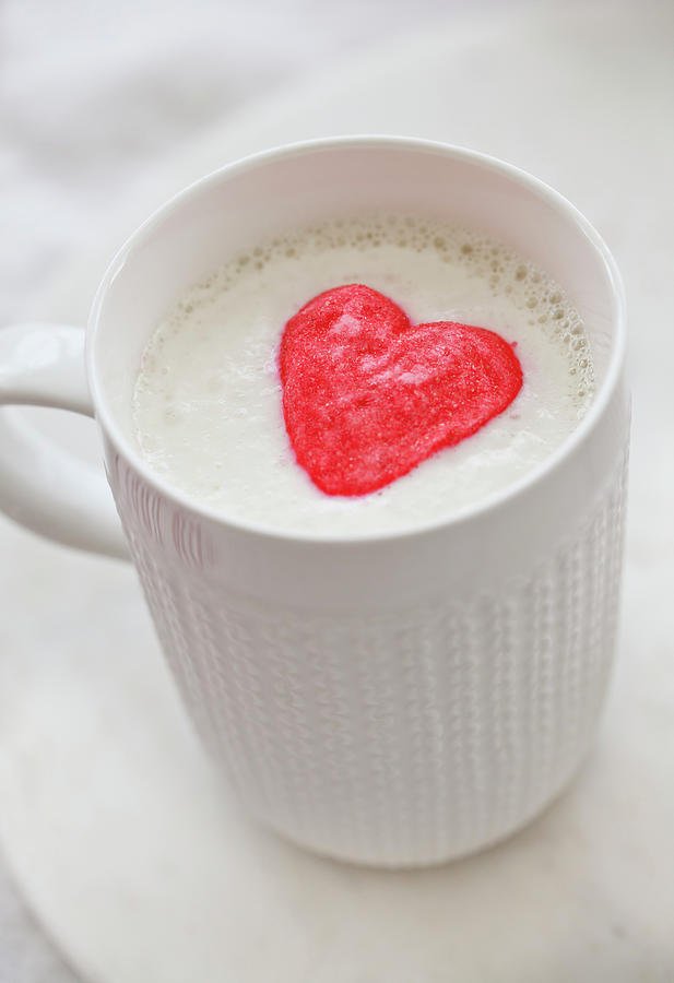 A Cup Of White Hot Chocolate With Whipped Cream And Two Pink Heart Marshmallows #2 Photograph by Ryla Campbell