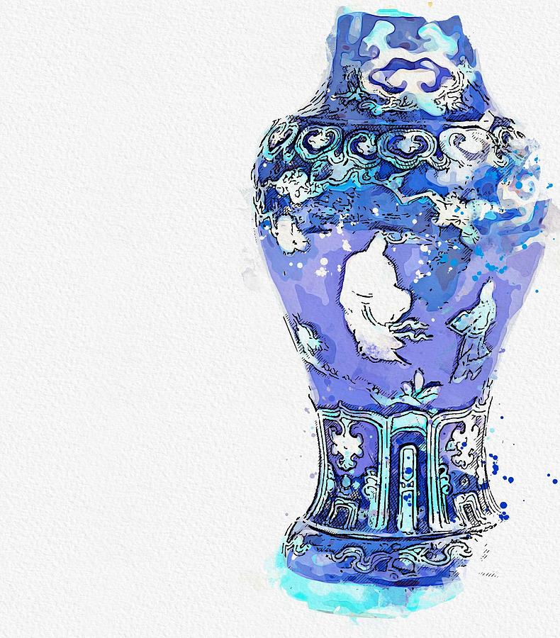 A FAHUA BAMBOO-NECKED  PRUNUS  BOTTLE VASE MING DYNASTY, 16TH CENTURY watercolor by Ahmet Asar #2 Painting by Celestial Images