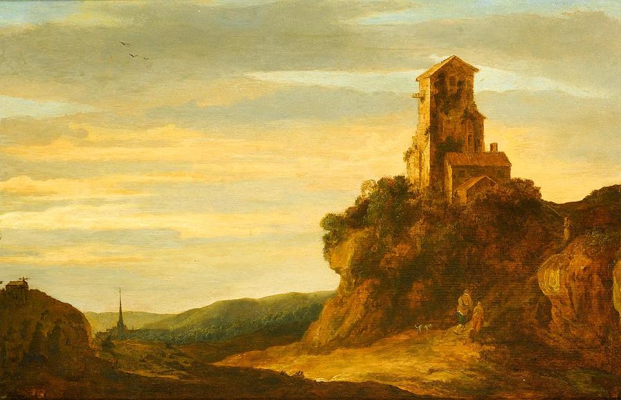 A Hilly Landscape With Wanderers At The Foot Of A Castle Ruin Painting