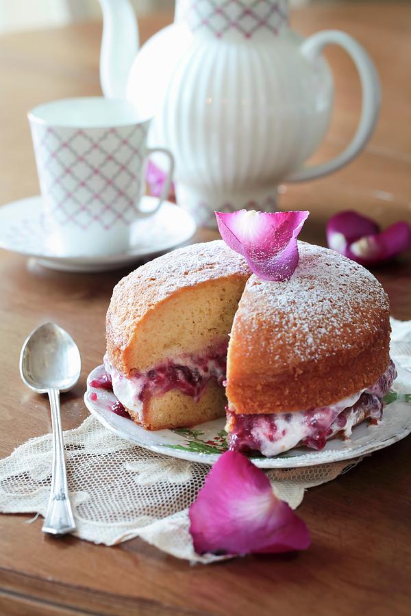 A Victoria Sandwich Cake With Berry Jam And Rose Petals #2 Photograph by Yelena Strokin