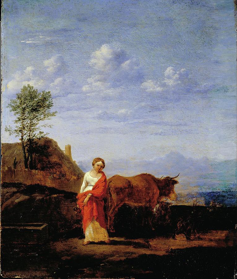 Landscape Painting - A Woman With Cows On A Road by Karel Dujardin