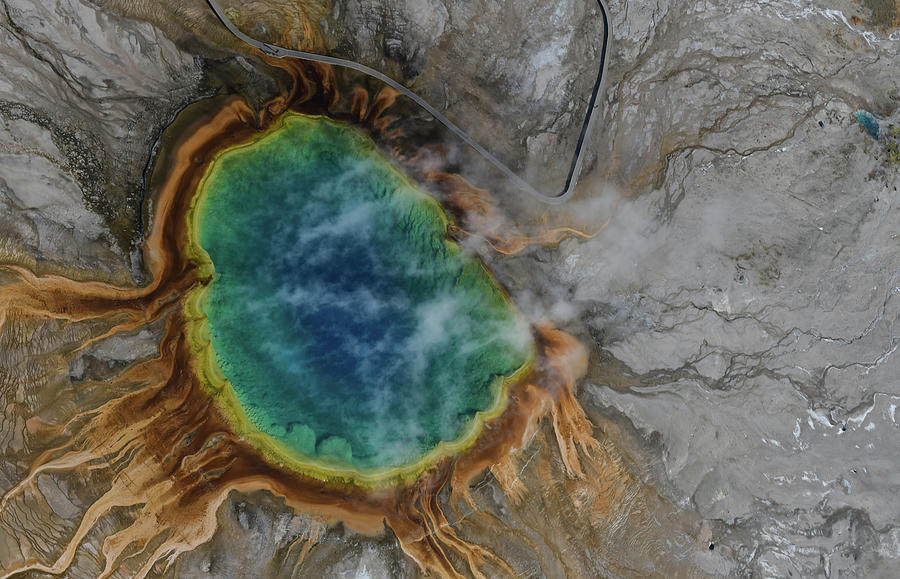 Aerial view of Grand prismatic spring in yellowstone, USA Photograph by ...