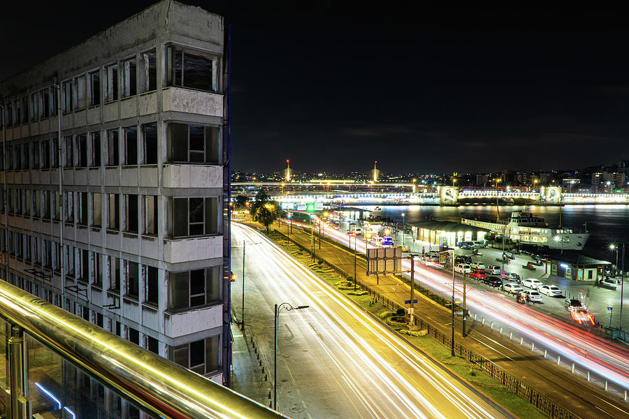 Rush Hour Movie Photograph - Aerial View Of Vehicle Light Trails On Kennedy Street In Istanbul #2 by Cavan Images