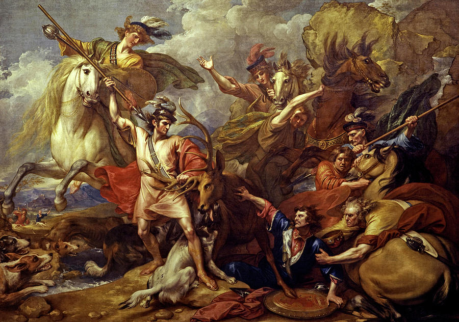 Benjamin West Painting - Alexander III of Scotland Rescued from the Fury of a Stag by the Intrepidity of Colin Fitzgerald #2 by Benjamin West