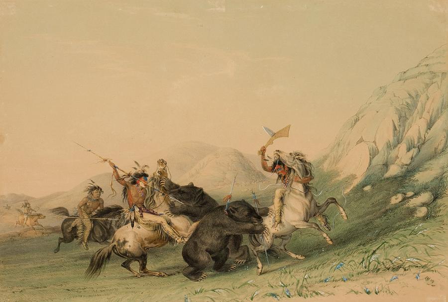 Horse Painting - Attacking The Grizzly Bear by George Catlin