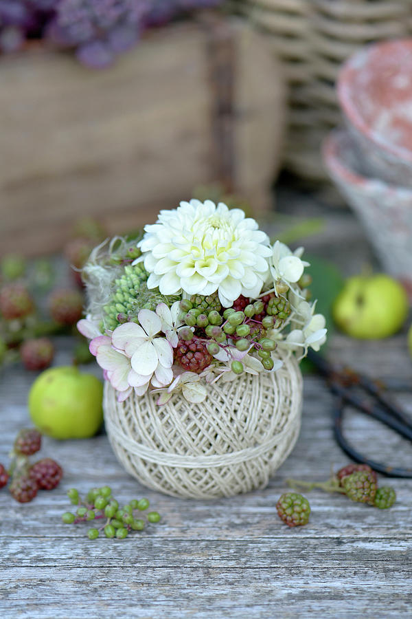 Autumn Arrangement With Dahlia, Hydrangea Blossoms And Unripe Berries #2 Photograph by Daniela Behr