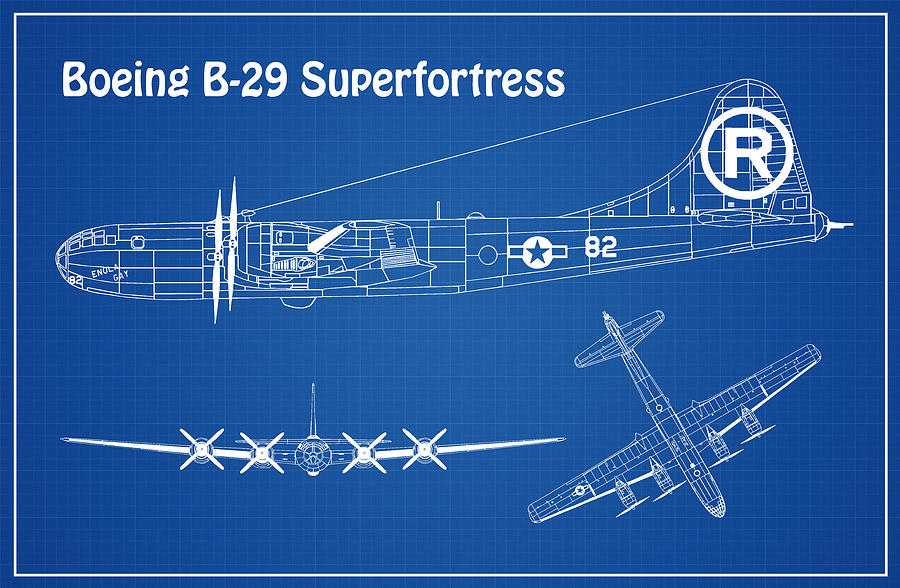 Transportation Drawing - B-29 Superfortress Enola Gay - Airplane Blueprint. Drawing Plans for the Boeing B-29 Superfortress #2 by SP JE Art