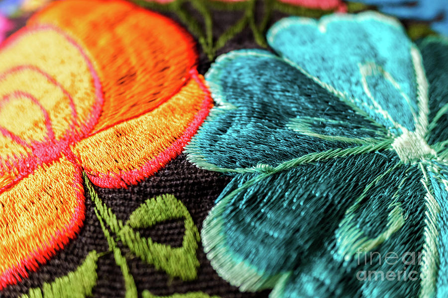 Background of hand-embroidered flowers on a fabric with colored threads. #3 Photograph by Joaquin Corbalan