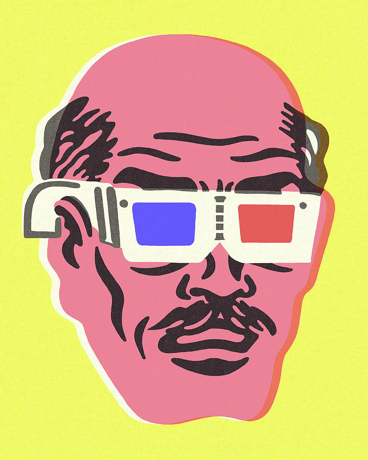 Vintage Drawing - Bald Man Wearing 3D Glasses #2 by CSA Images